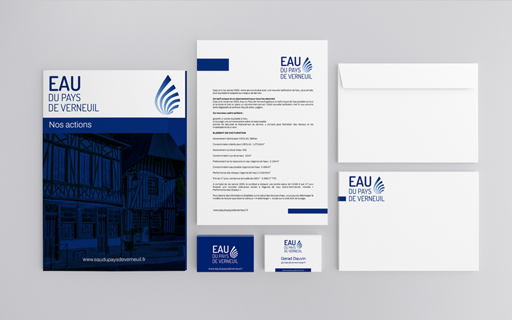 création logo Eau du Pays de Verneuil, déclinaison de l'identité visuelle institutionnelle
